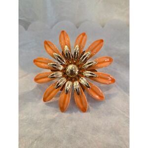 Vintage 60s Orange Enamel Daisy Flower Statement Ring Gold Tone Mod Adjustable‎